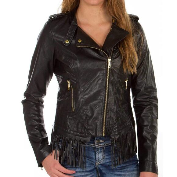 Steve Madden cropped black faux leather moto jacket fringe pockets logo medium - Picture 4 of 12